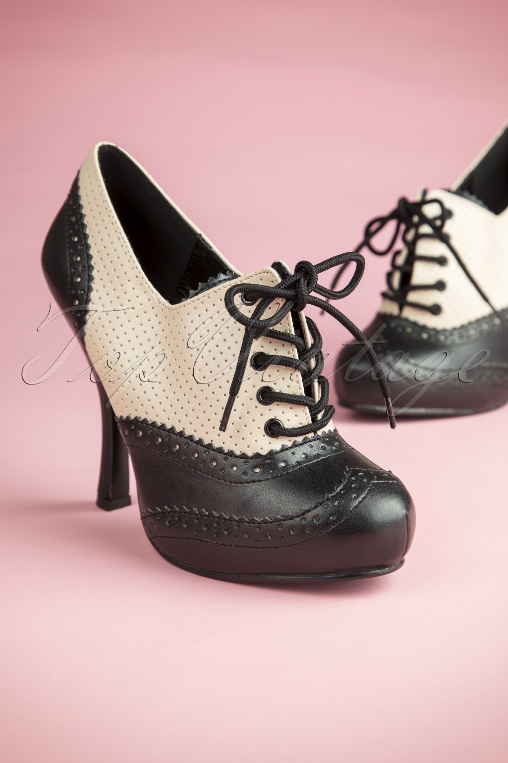 50s Classy Cream and Black Lace Up Booties