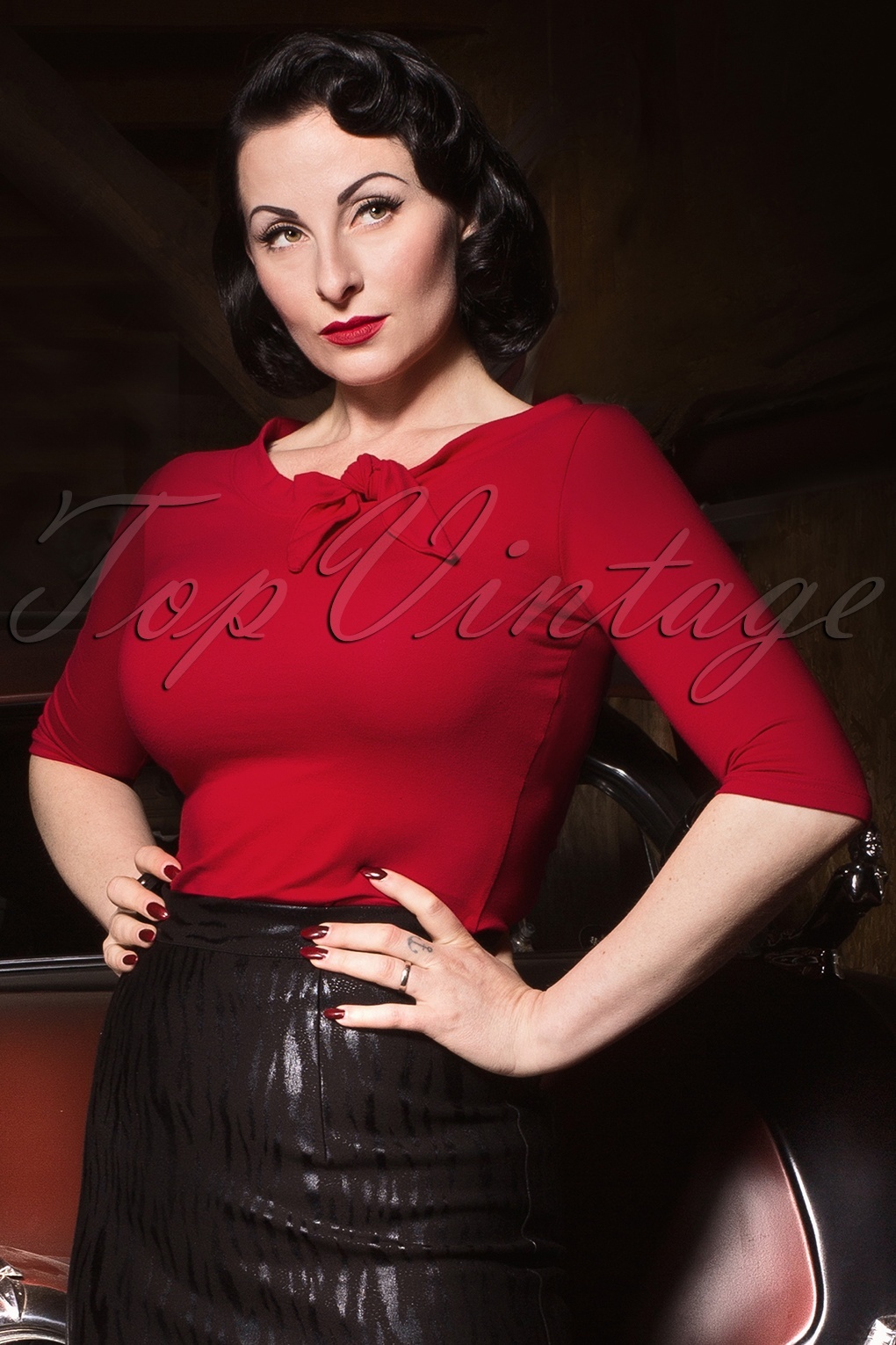 50s Lily Bow Top In Red