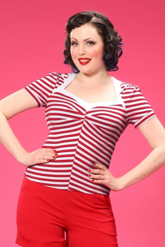 50s Elyse Striped Stretch Top In Red And White 