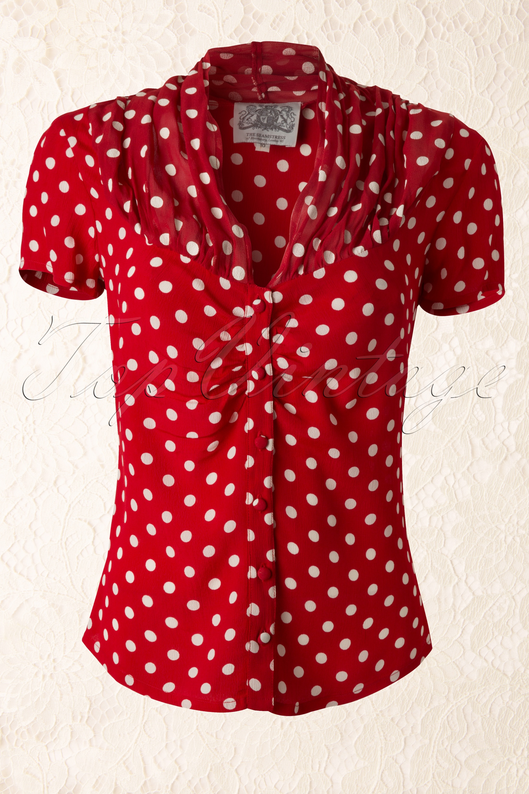 The Seamstress of Bloomsbury - Paula Polkadot blouse in rood en wit 2