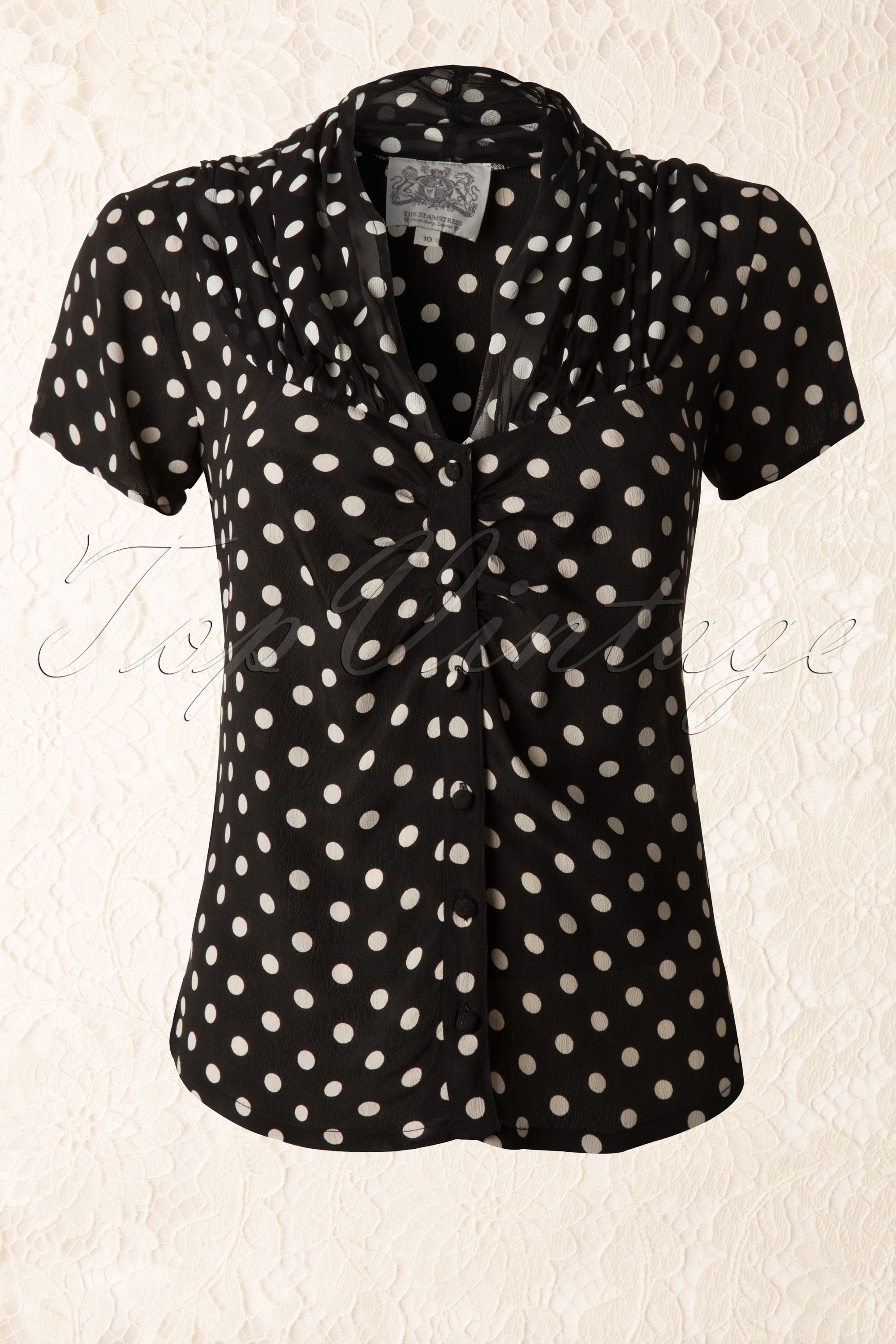 The Seamstress of Bloomsbury - Paula polkadotblouse in zwart en wit