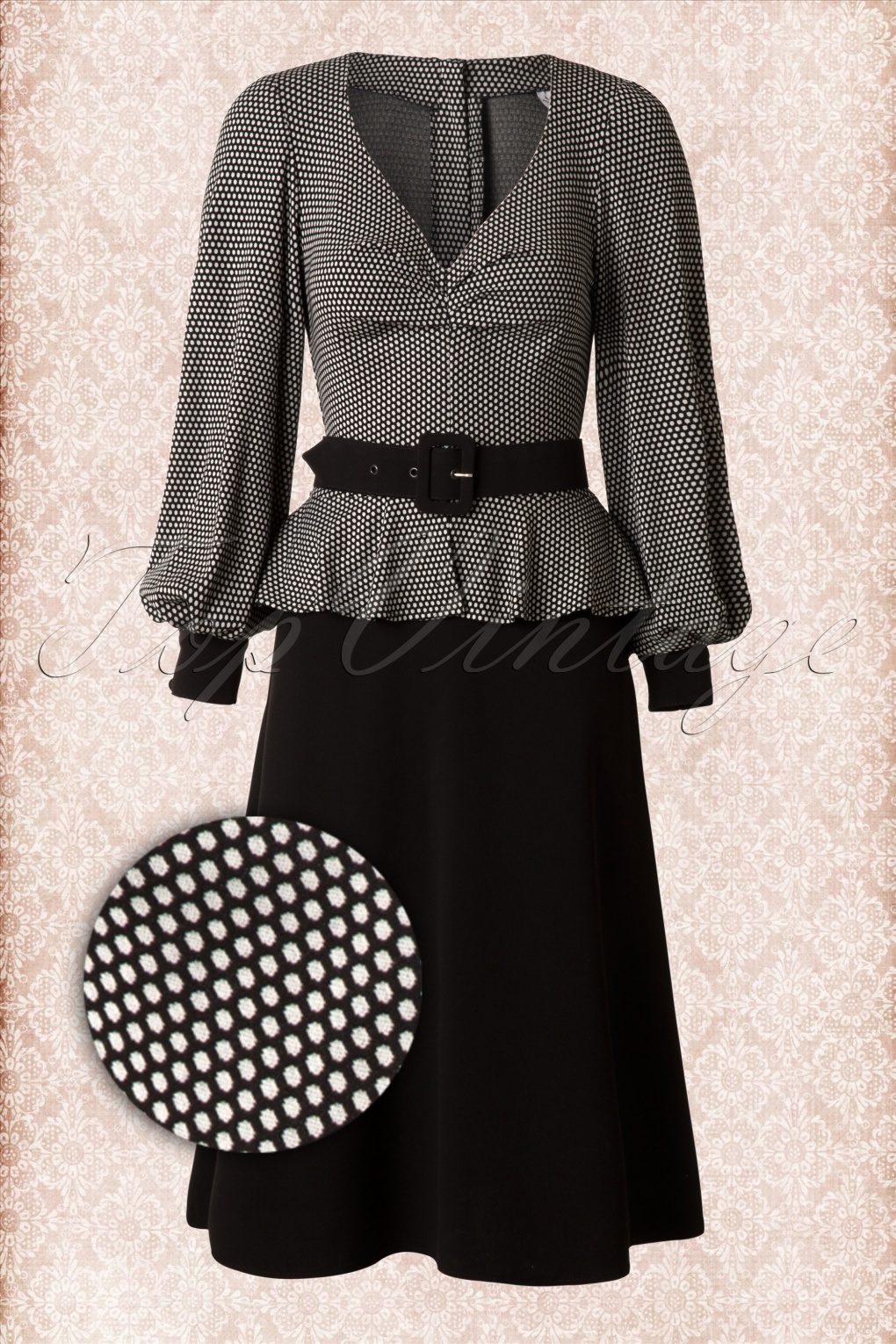 40s Hanna Peplum Dress in Black and White