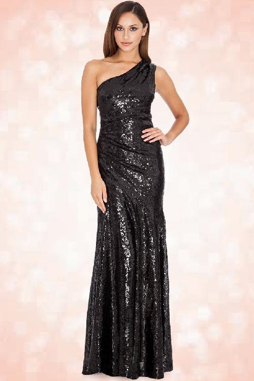 Vintage Chic for Topvintage - Sparkle Pailletten One-Shoulder-Maxikleid in Schwarz