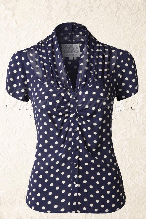 The Seamstress of Bloomsbury - Paula Polkadot blouse in marineblauw en crème 2