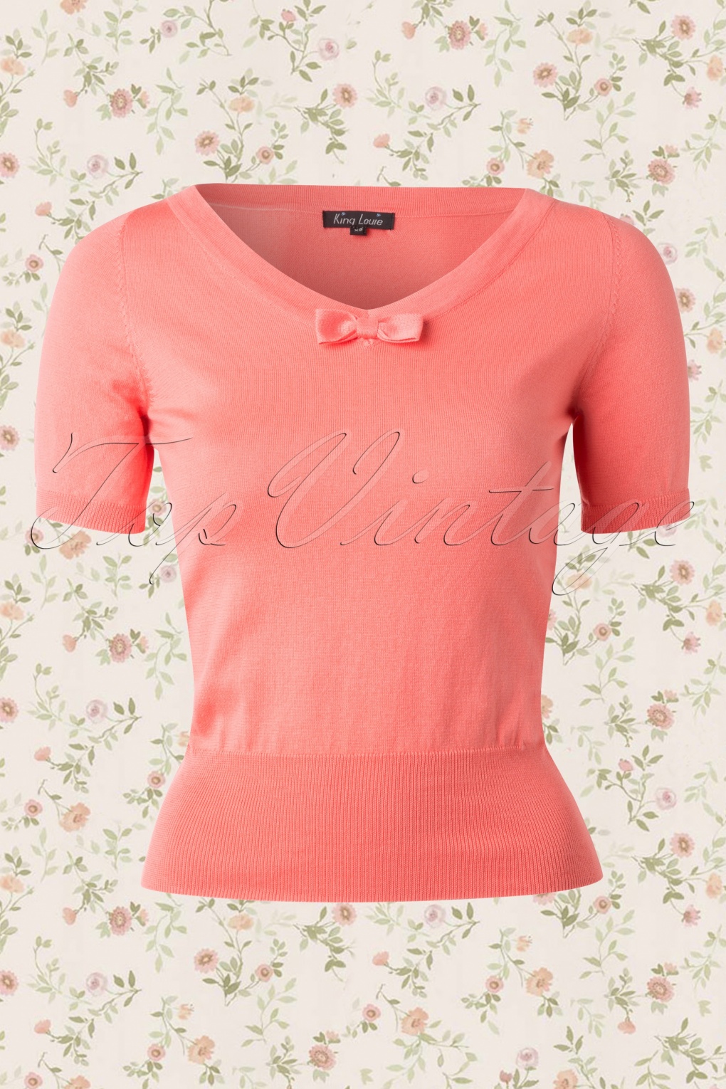50s Cottonclub Deep V Top in Coral Red