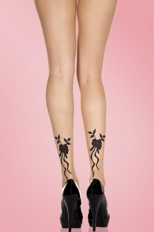 Lovely Legs - Pretty Black Rose Tights en Beige