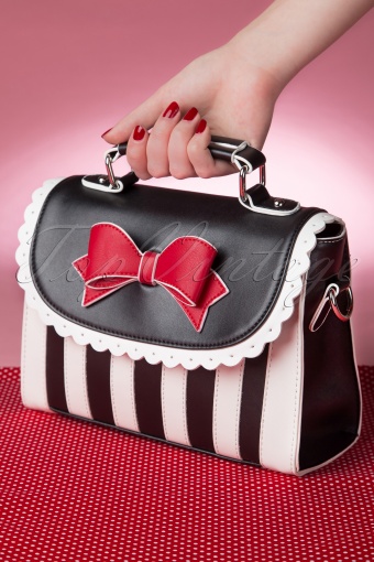 Lola Ramona - Girly schwarz weiß gestreifte rote Schleife Handtasche 3