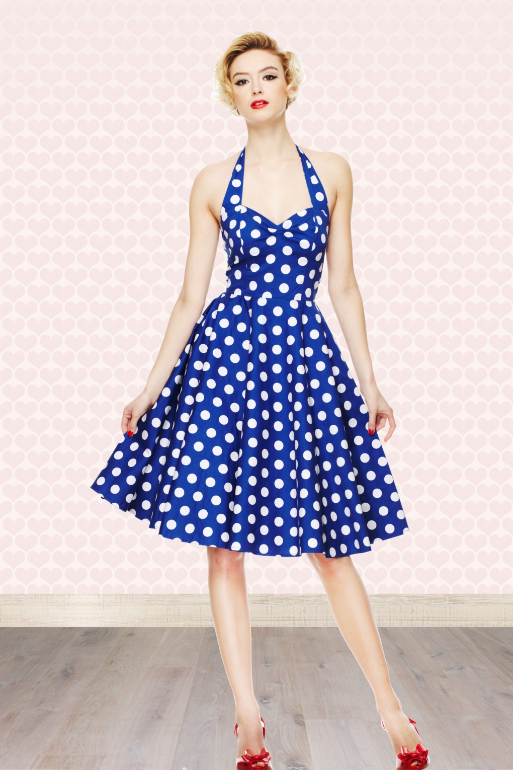 50s Retro halter 50s Meriam Swing dress in Polka blue white