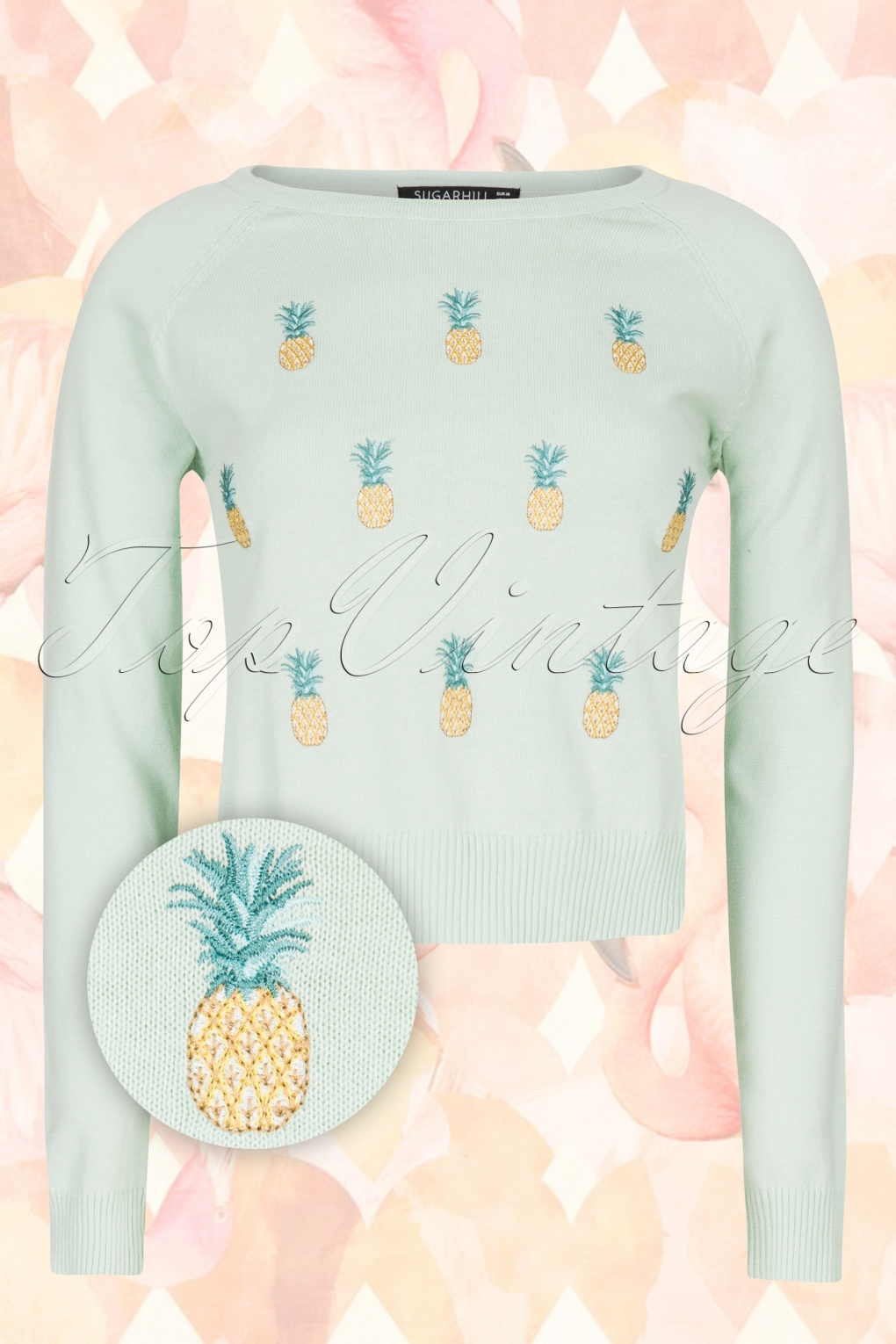 50s Pineapple Embroided Sweater in Mint Green