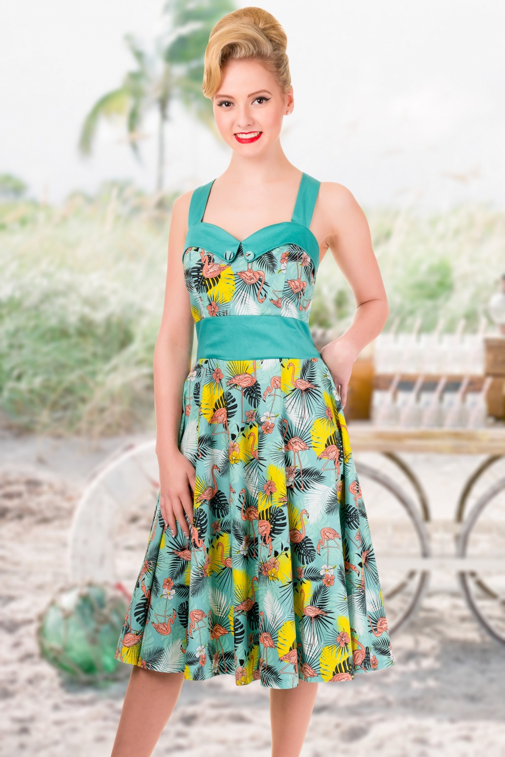 50s Wanderlust Flamingo Halter Dress in Blue