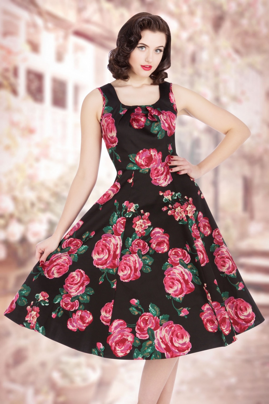 50s Jasmine Pink Rose Dress in Black