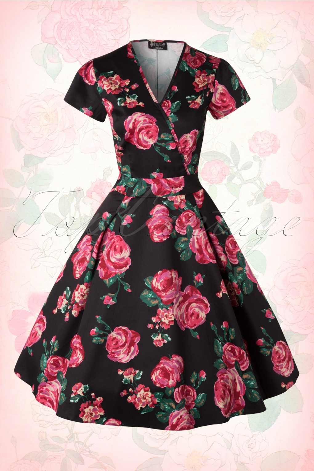 50s Estella Pink Rose Dress in Black