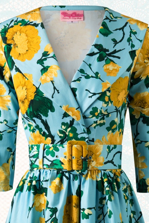 50s Birdie Floral Dress in Baby Blue and Yellow