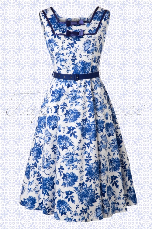 50s Floral Swing Dress in Blue and White