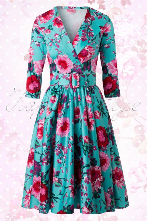Pinup Couture - 50s Birdie Floral Dress in Turquoise and Pink 7