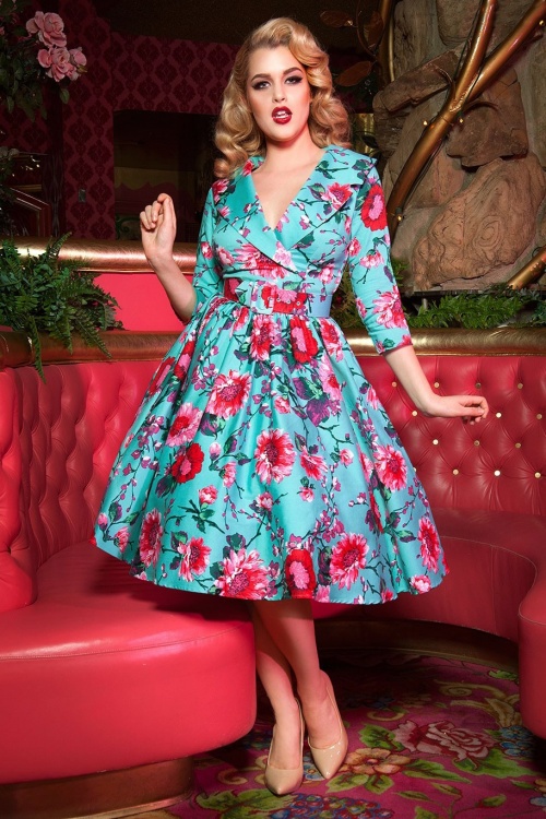 Pinup Couture - 50s Birdie Floral Dress in Turquoise and Pink 3