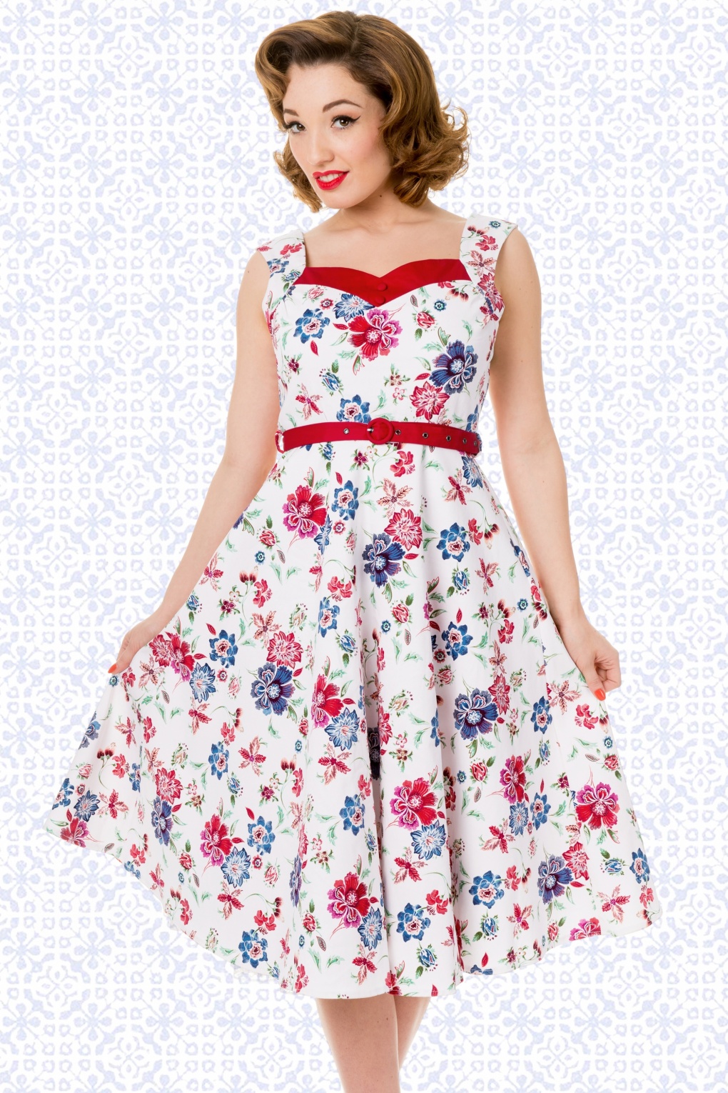 50s Floral Swing Dress In White And Red 9963