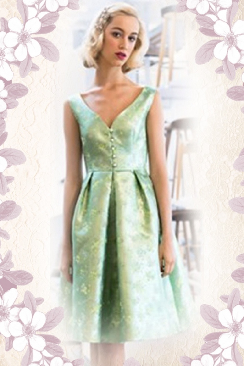 40s Sweet Floral Dress in Mint Green