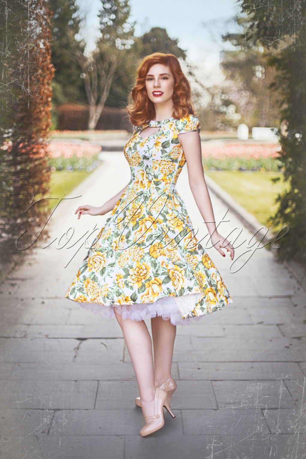 50s Elsie Floral Swing Dress in White and Yellow