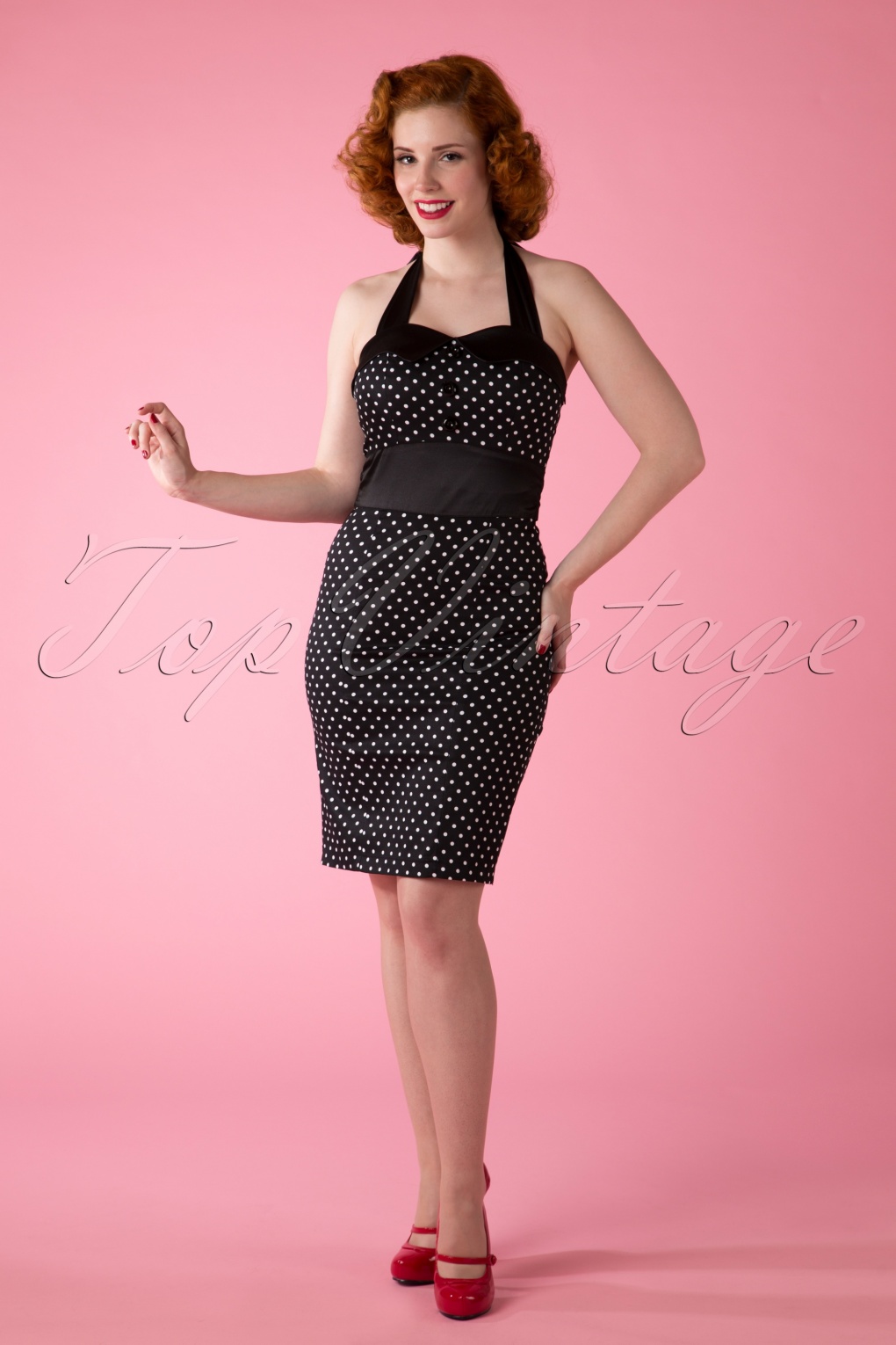 50s White Polkadot Pencil Halter Dress in Black