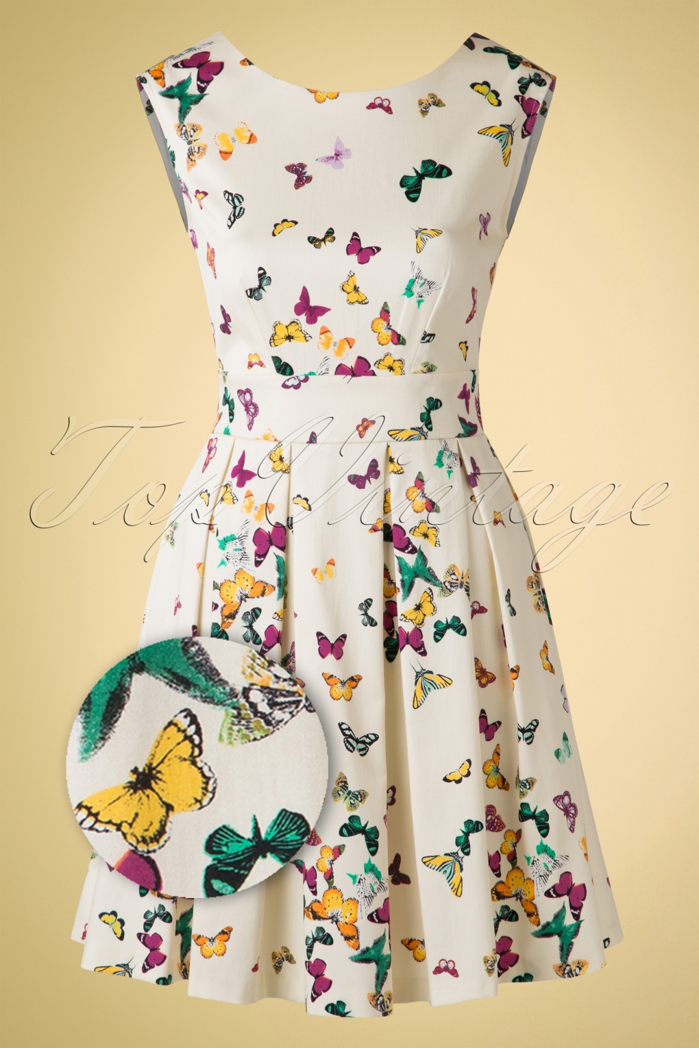 50s Betty Butterfly Pleated Skater Dress in Cream