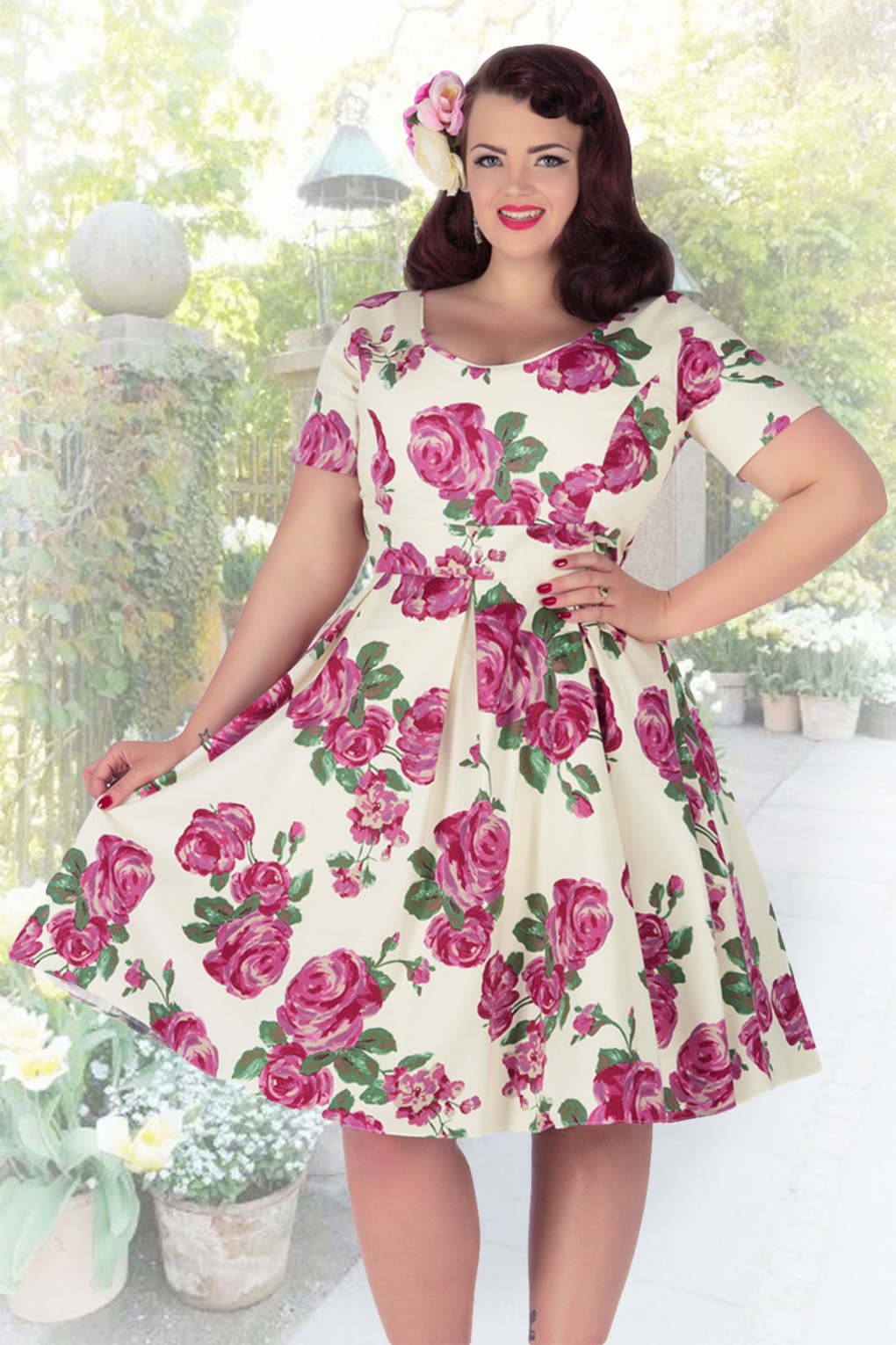 50s Phoebe Pink Roses Dress in Cream