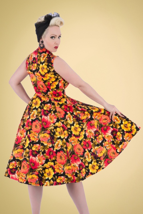 50s Marigold Floral Swing Dress in Black