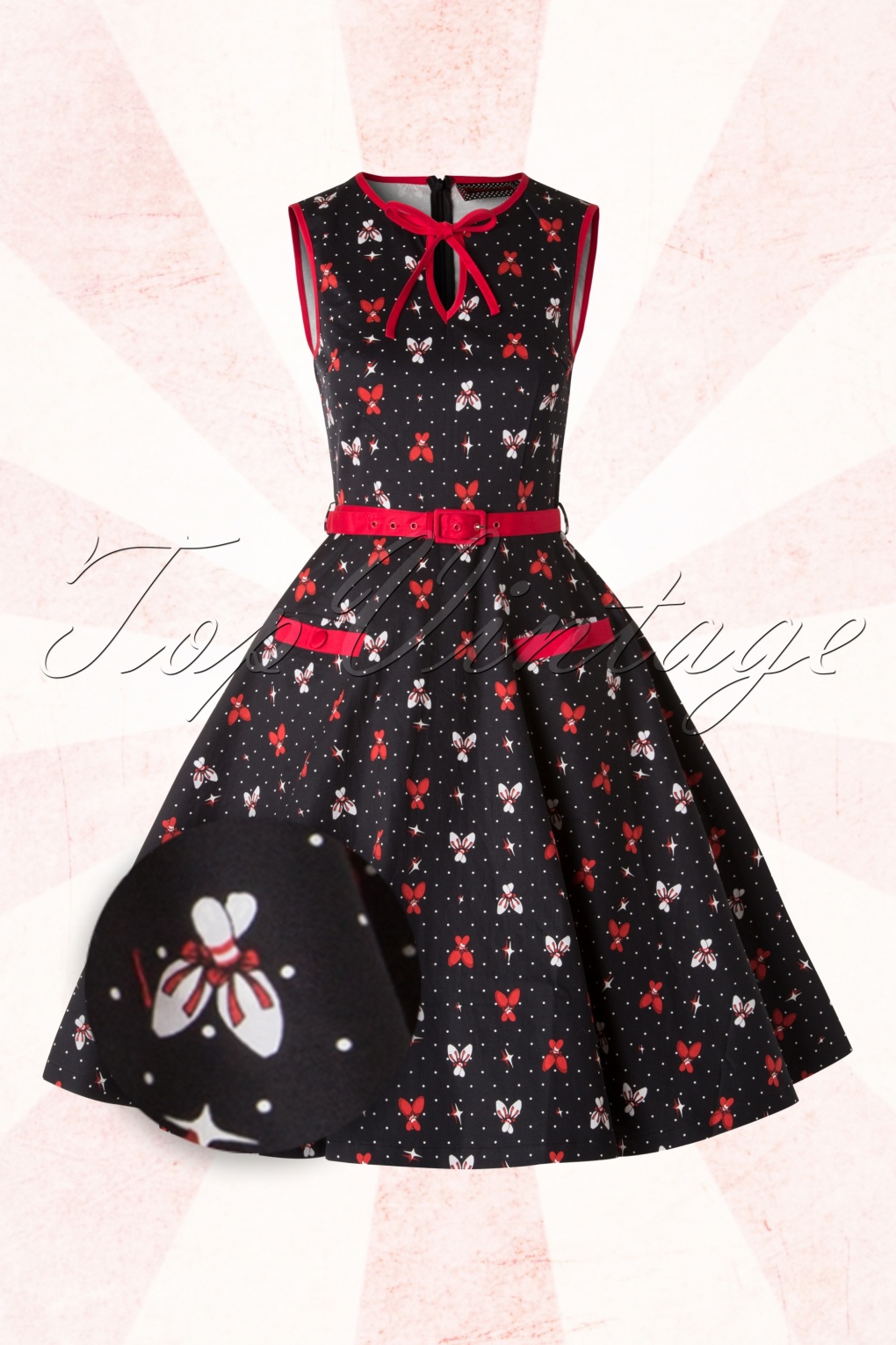 50s Darling Bowling Pin Swing Dress in Black and Red