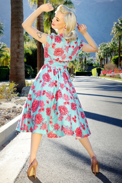 50s Evelyn Dress in Light Blue with Pink Roses