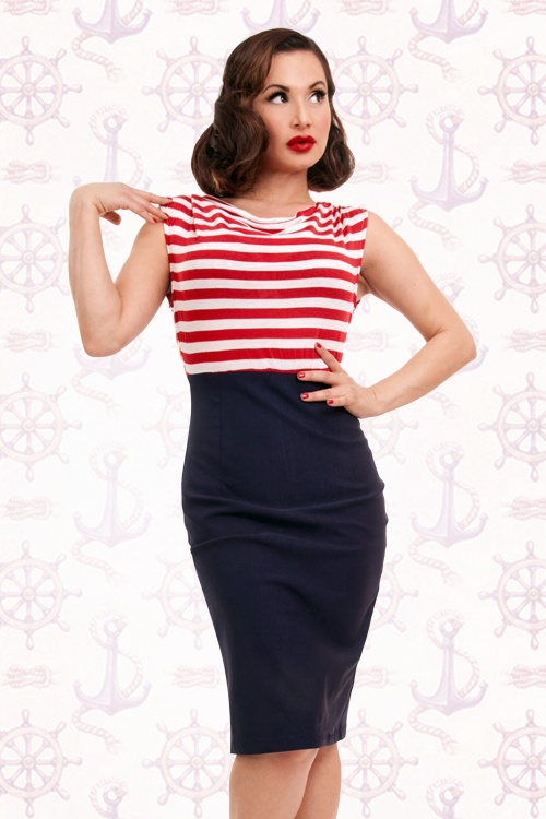 50s Sally Wiggle Dress in Navy with Red and White Stripes