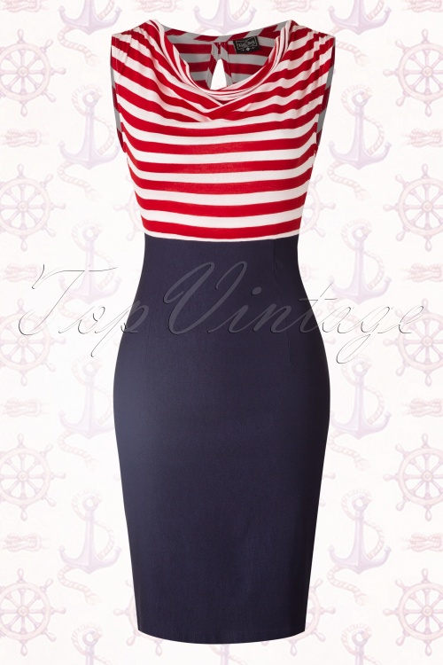 Steady Clothing - Sally Wiggle Dress Années 50 en Navy avec des Rayures en Rouge et Blanc 2