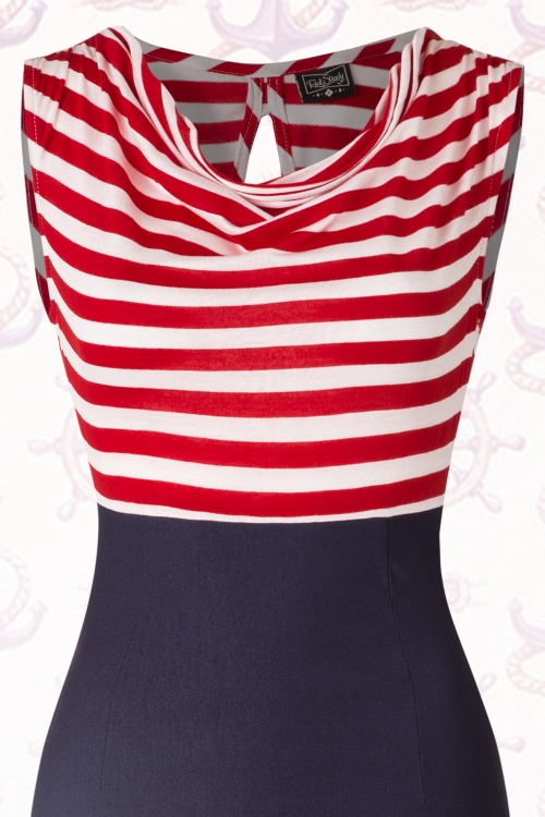 Steady Clothing - Sally Wiggle-jurk in marineblauw met rode en witte strepen 4