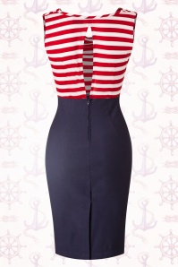 Steady Clothing - Sally Wiggle-jurk in marineblauw met rode en witte strepen 6