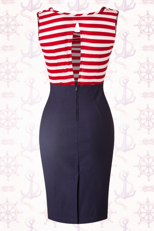 Steady Clothing - Sally Wiggle Dress Années 50 en Navy avec des Rayures en Rouge et Blanc 6