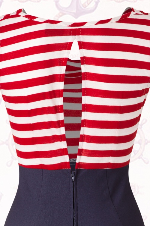 Steady Clothing - Sally Wiggle-jurk in marineblauw met rode en witte strepen 8