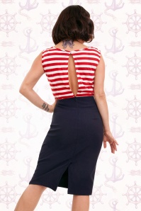 Steady Clothing - Sally Wiggle-jurk in marineblauw met rode en witte strepen 7