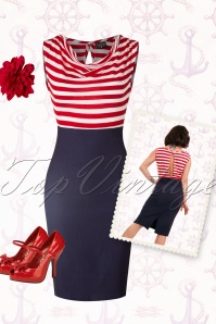 Steady Clothing - Sally Wiggle Dress Années 50 en Navy avec des Rayures en Rouge et Blanc 9