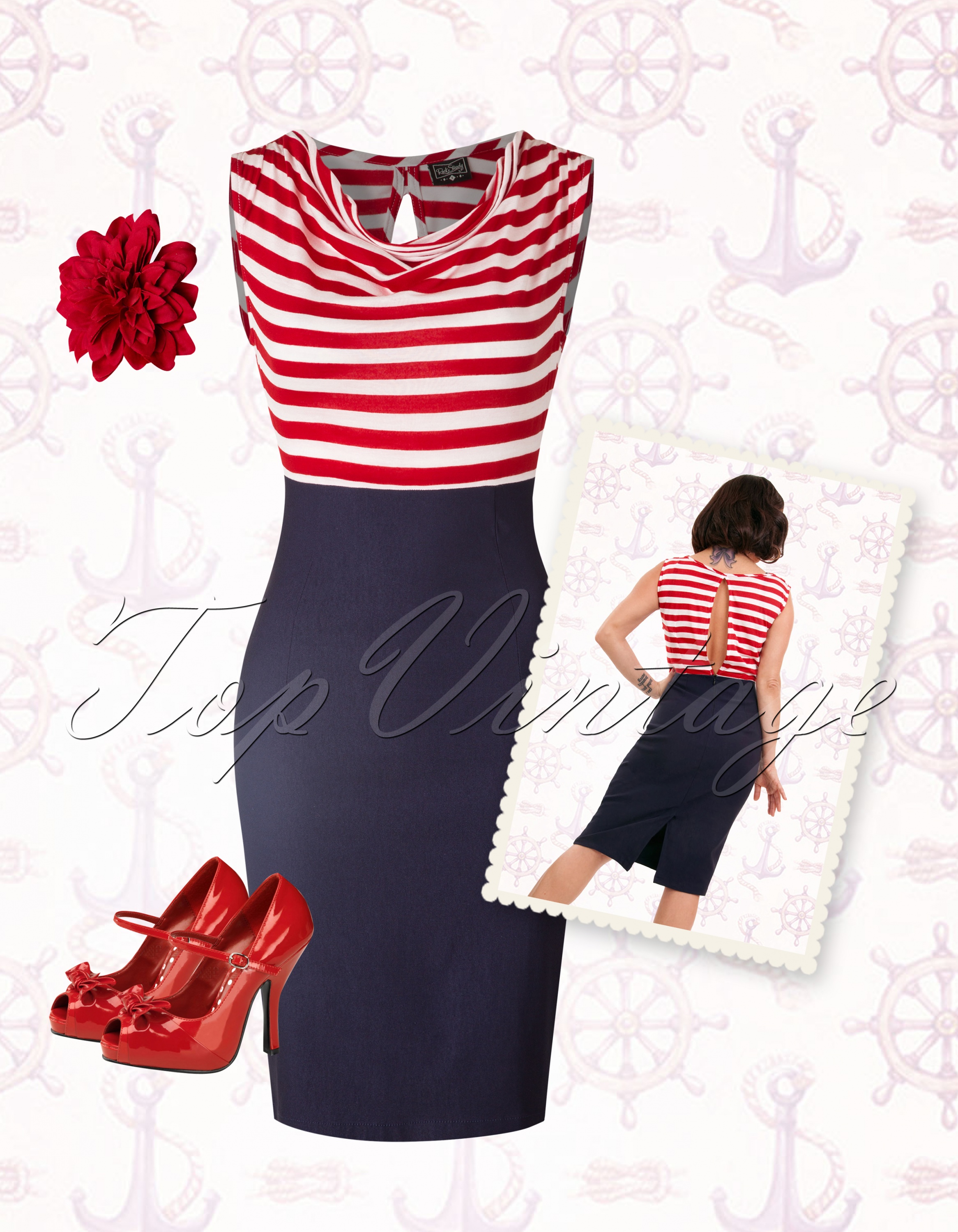 Steady Clothing - Sally Wiggle-jurk in marineblauw met rode en witte strepen 9