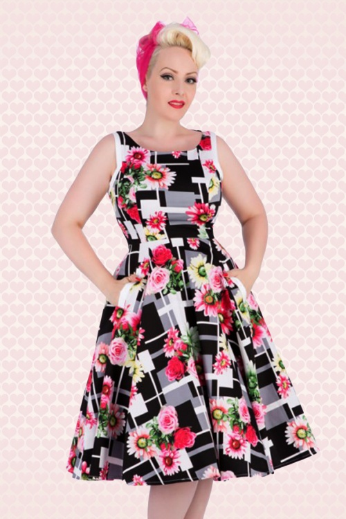 50s Miriam Abstract Floral Swing Dress in Black