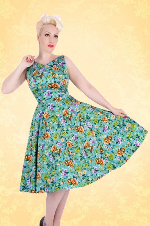 50s Nora Floral Swing Dress in Turquoise Blue