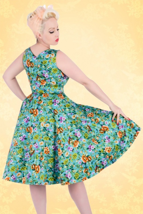 50s Nora Floral Swing Dress In Turquoise Blue