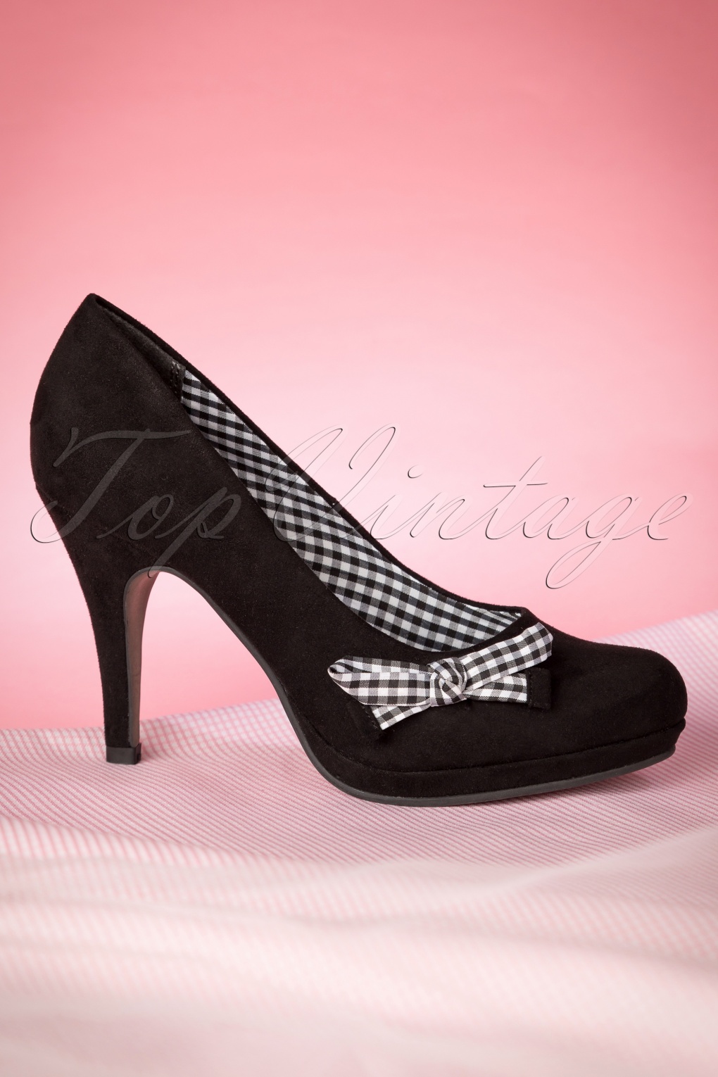 50s Classy Gingham Bow Pumps In Black 