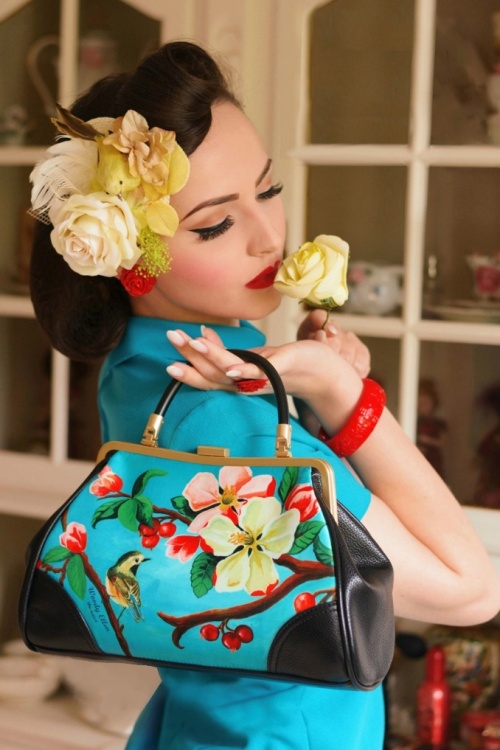 Woody Ellen - Red Paris Floral Retro Handbag Années 50 en Brun