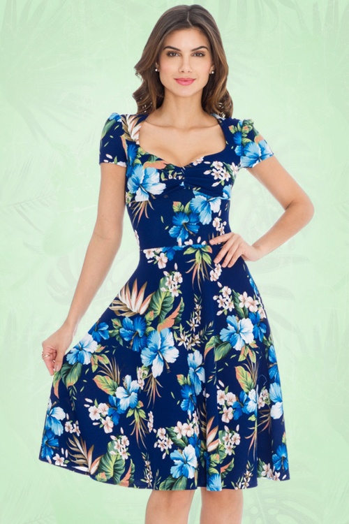 50s Lucinda Floral Swing Dress in Midnight Blue