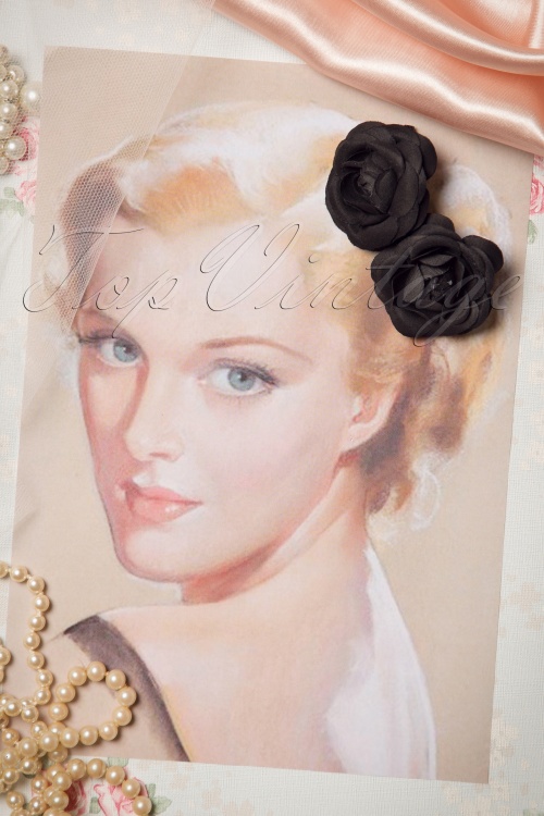 ZaZoo - Pin-Up Pair Of Black Flower Hairclips Années 50 2