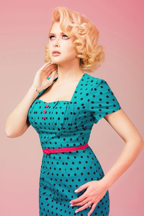 40S Charlotte Pencil Dress In Jade With Black Polkadots