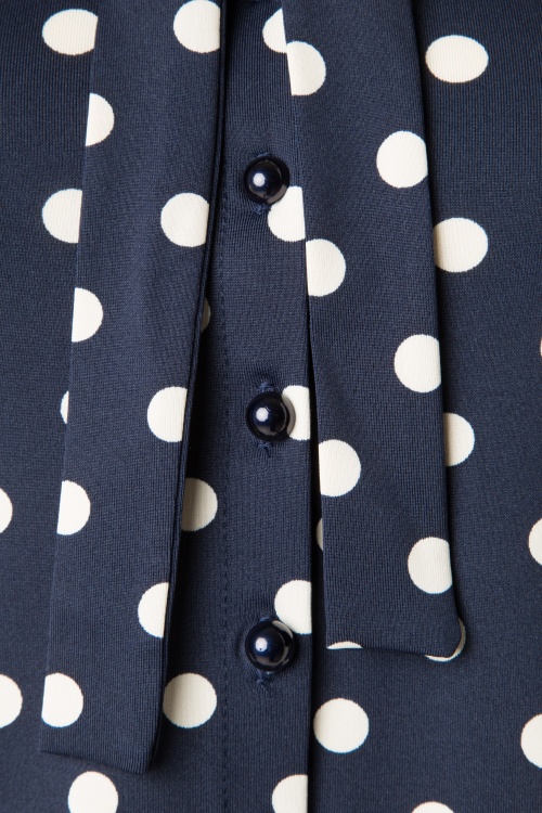 50s Bow Blouse in Ink Blue Party Polka