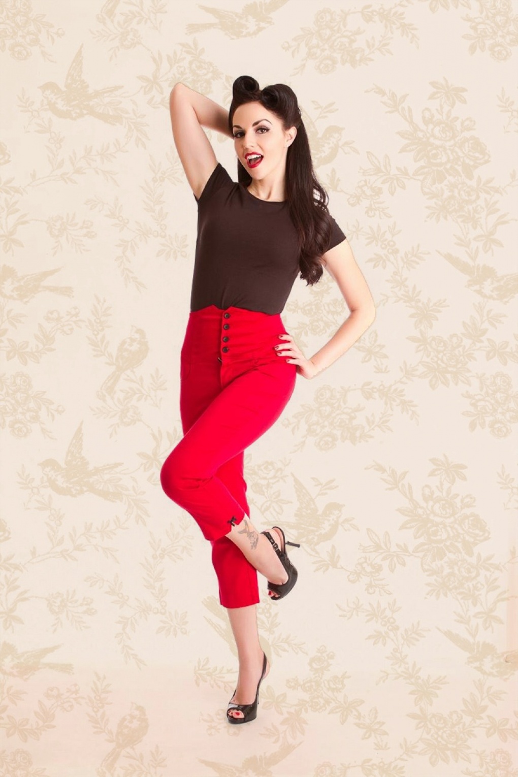 red top and black pants