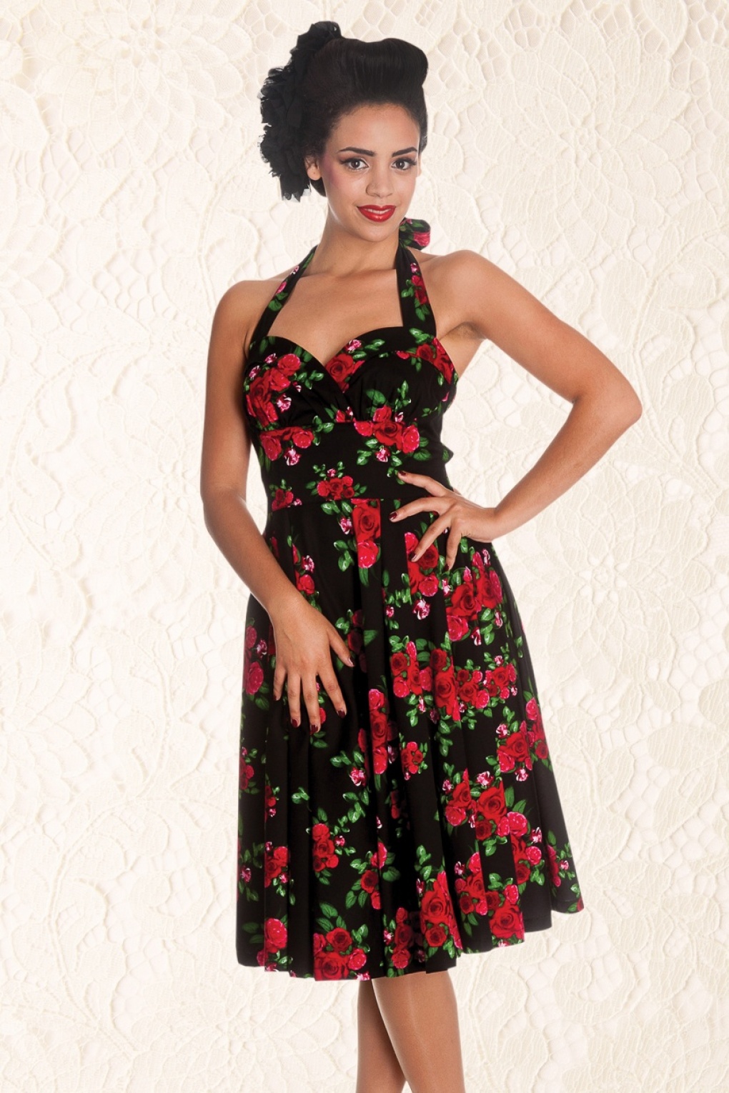50s Retro Halter Cannes Roses Dress In Black