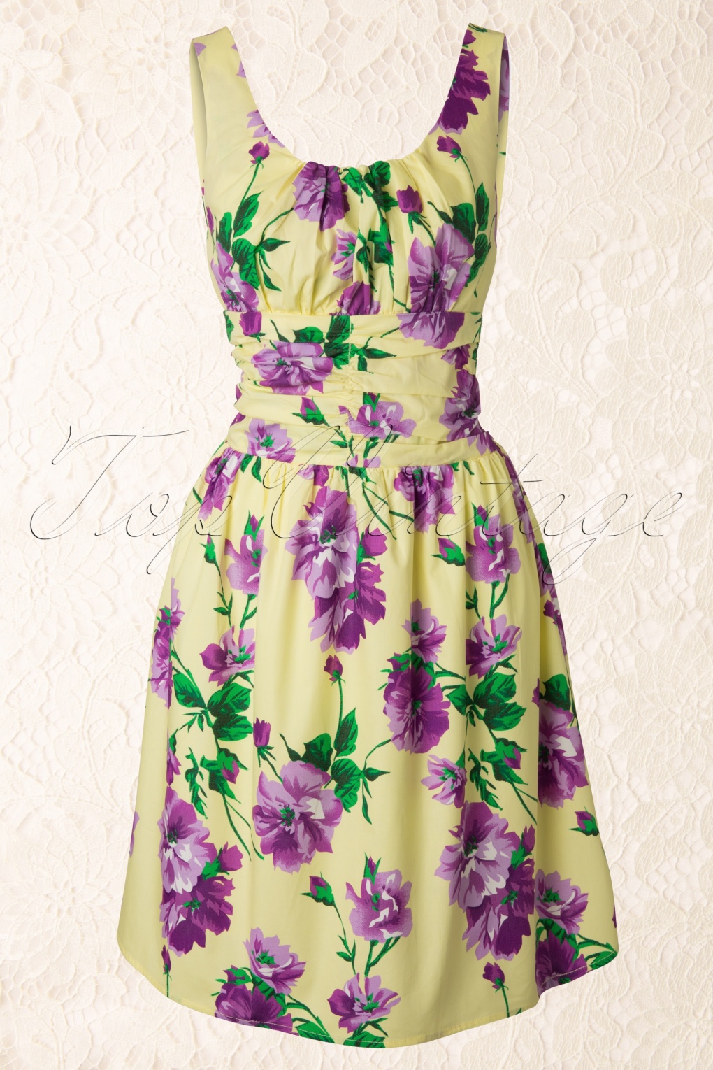 yellow dress purple flowers